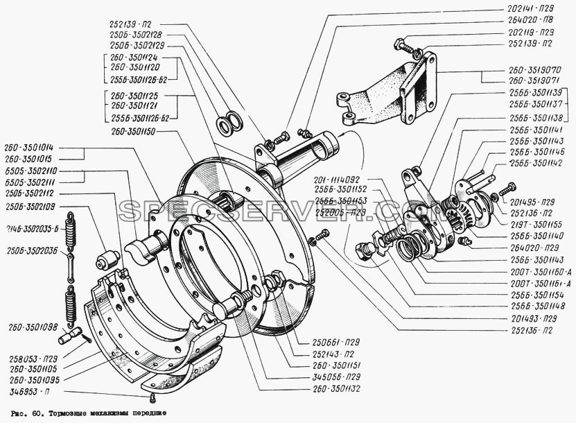 Тормозные механизмы передние для КрАЗ-260 (список запасных частей)