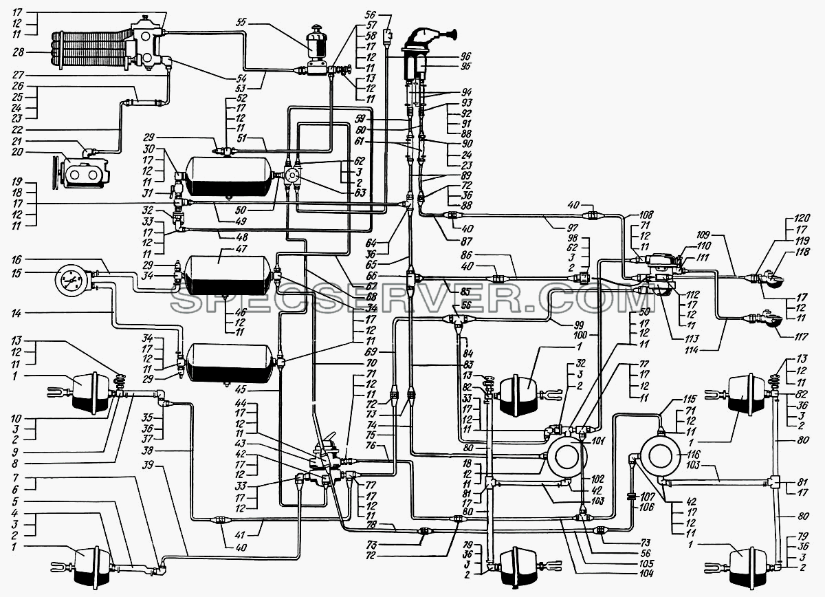Воздухопроводы и аппараты тормозной системы для КрАЗ-63221 (список запасных частей)