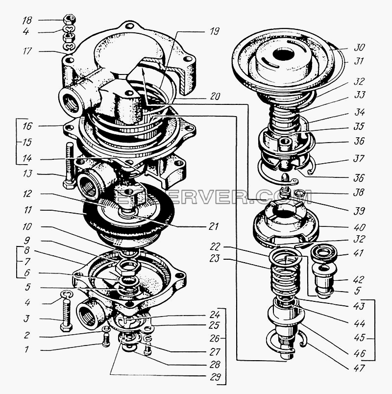 Клапан управления тормозной системой прицепа с двухпроводным приводом для КрАЗ-63221 (список запасных частей)