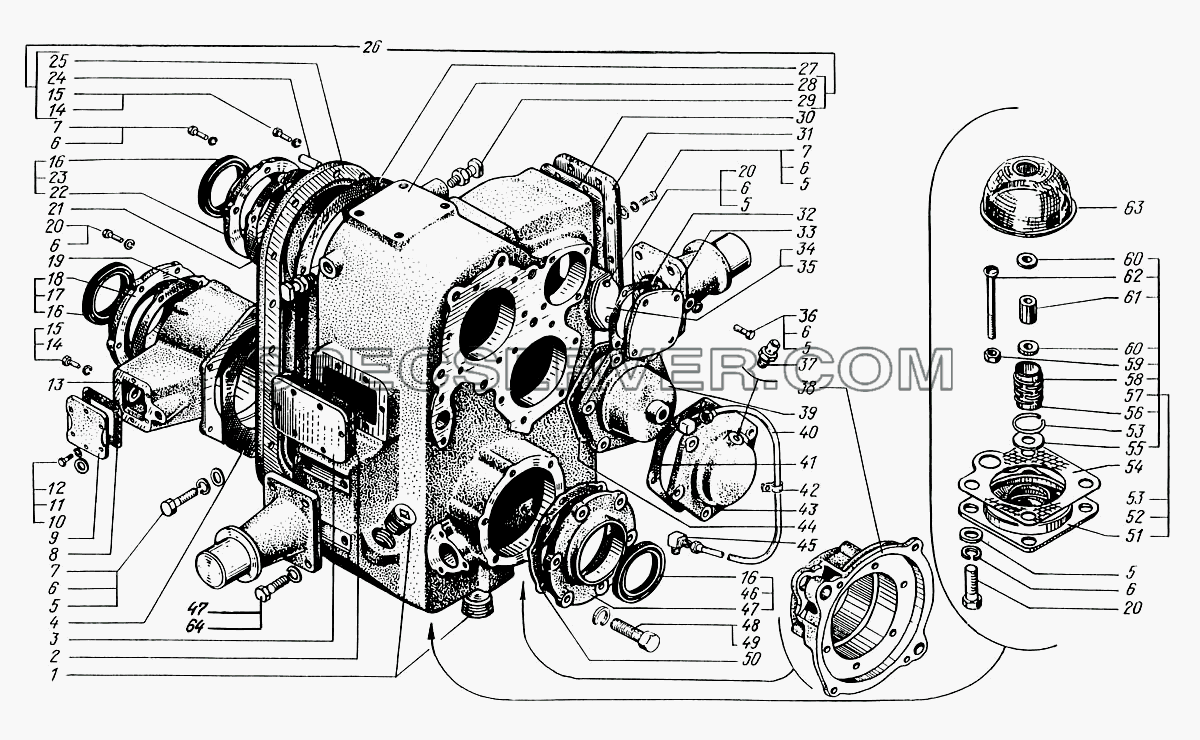 Картеры и крышки раздаточной коробки для КрАЗ-6322 (шасси) (список запасных частей)