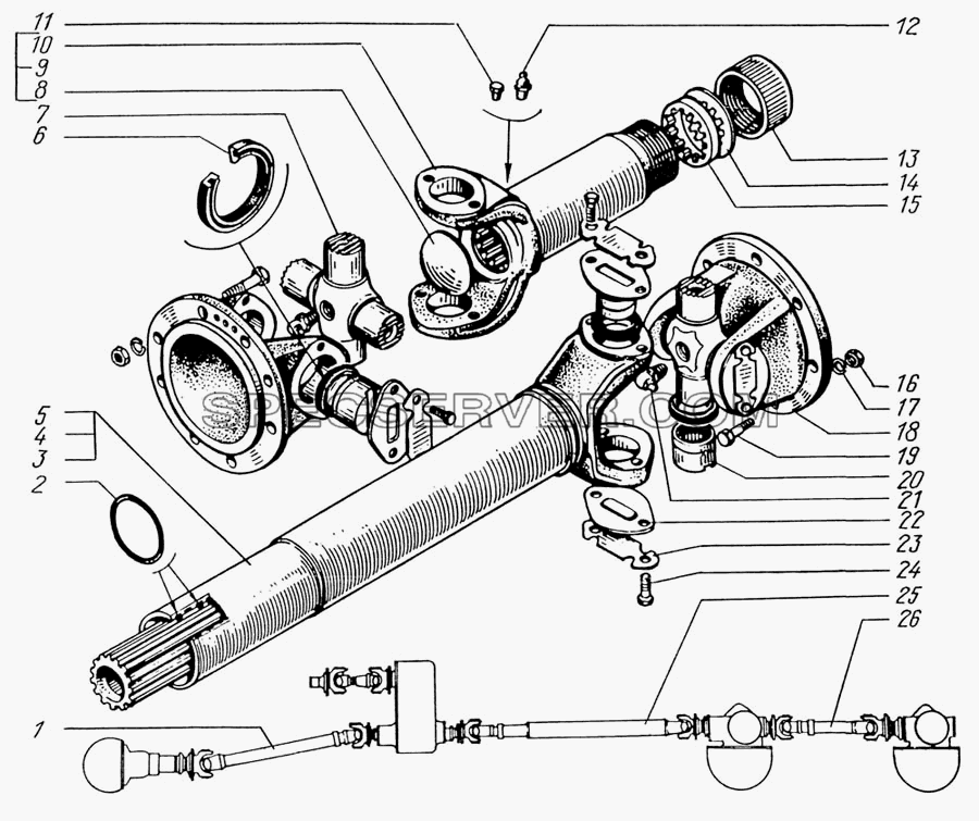 Вал карданный привода переднего, среднего и заднего мостов для КрАЗ-6322 (шасси) (список запасных частей)