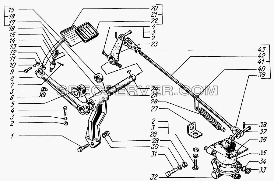 Педаль тормозная и привод управления двухсекционным тормозным краном для КрАЗ-6322 (список запасных частей)