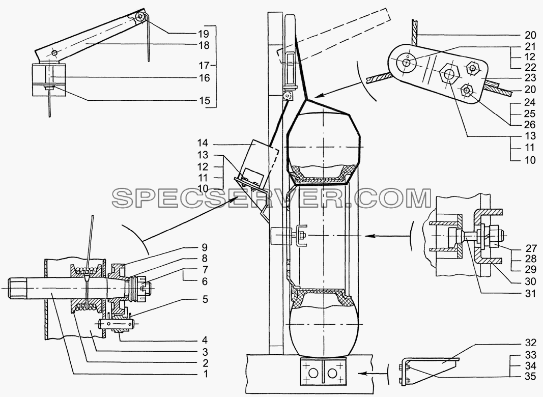 Установка запасного колеса для КрАЗ-64372, 6133М6 (список запасных частей)