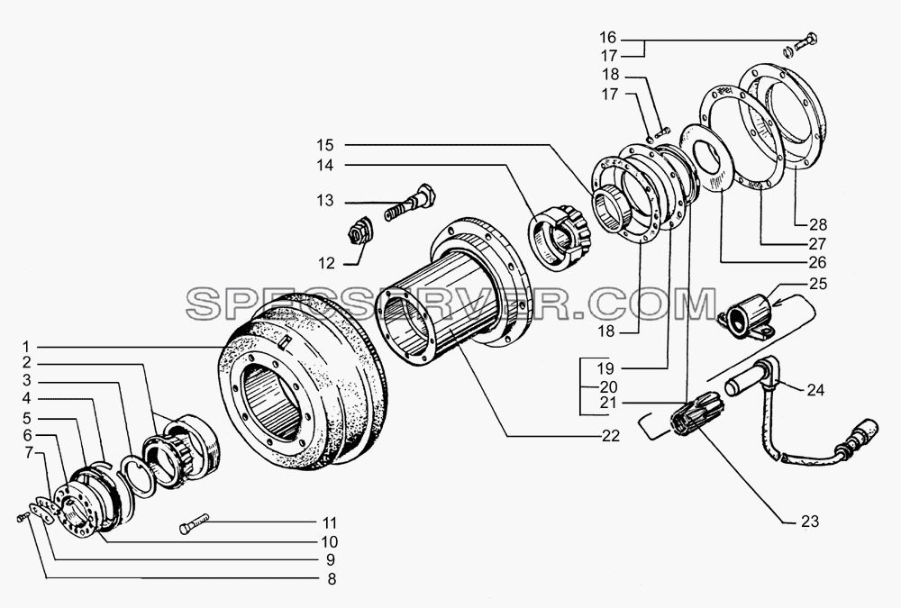 Ступицы и тормозные барабаны задних дисков колес для КрАЗ-64431-02 (список запасных частей)