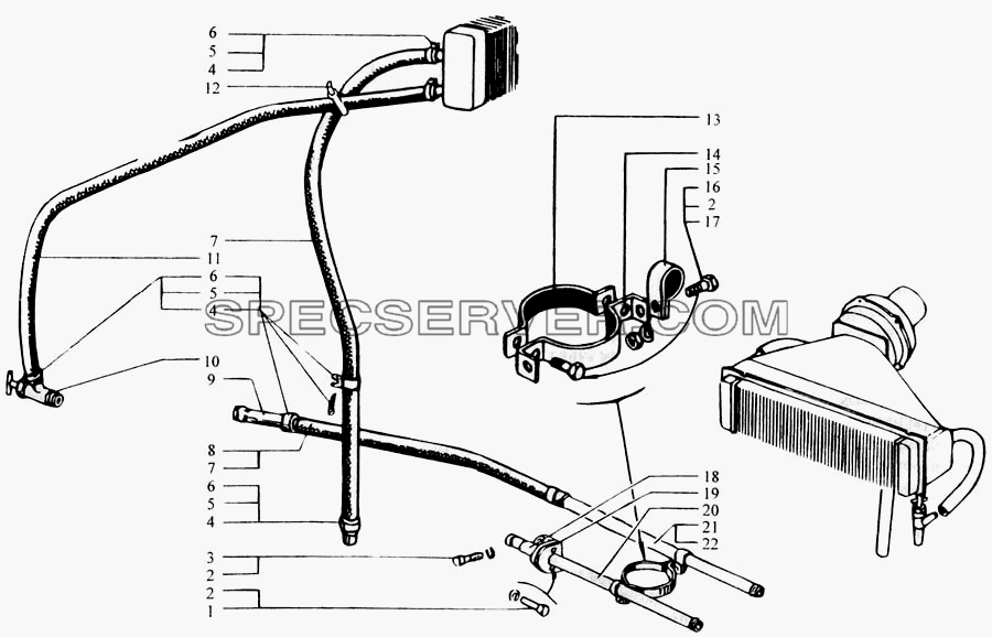 Трубопроводы системы отопления кабины для КрАЗ-6443 (списка 2004 г) (список запасных частей)