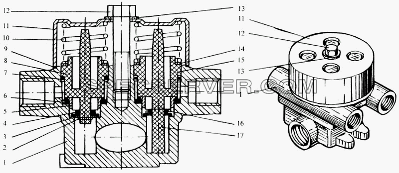 Клапан защитный четырехконтурный для КрАЗ-6443 (списка 2004 г) (список запасных частей)