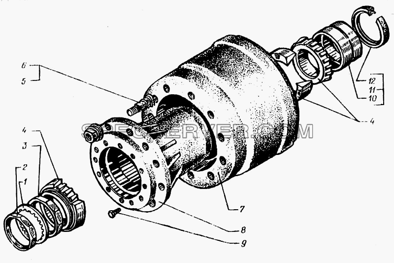 Ступица переднего колеса с тормозным барабаном для КрАЗ-6443 (список запасных частей)