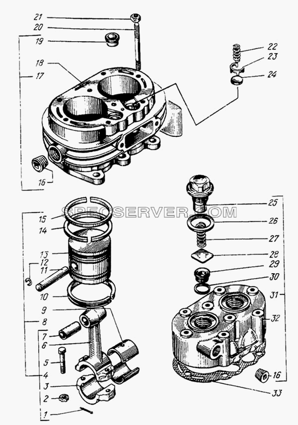 Головка и блок цилиндров компрессора для КрАЗ-6443 (список запасных частей)