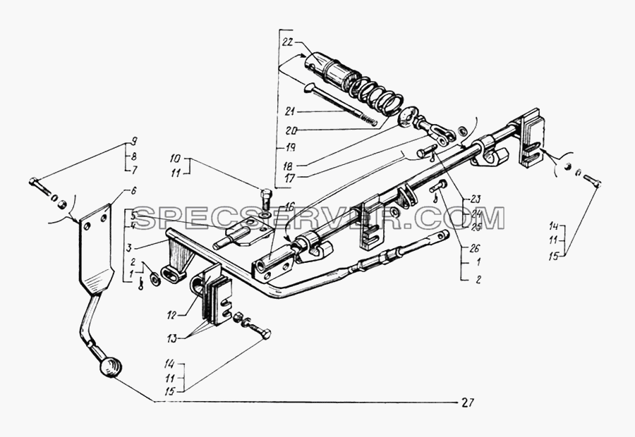 Запорный механизм заднего борта для КрАЗ-65053-02 (список запасных частей)