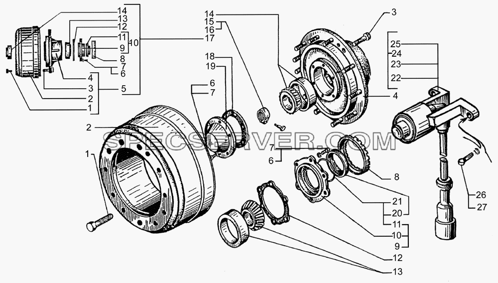 Ступицы и тормозные барабаны передних колес для КрАЗ-65053-02 (список запасных частей)