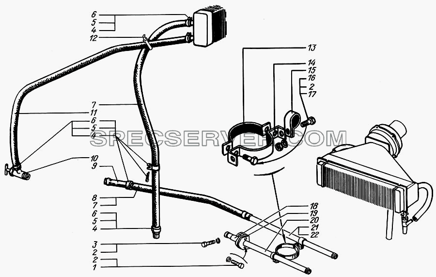Трубопроводы системы отопления кабины для КрАЗ-65055 (список запасных частей)