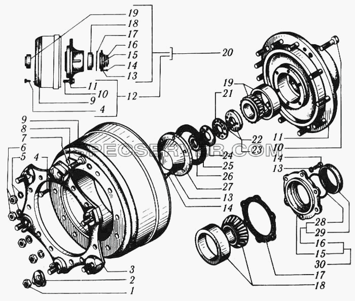 Ступицы и тормозные барабаны передних бездисковых колес для КрАЗ-6510 (список запасных частей)