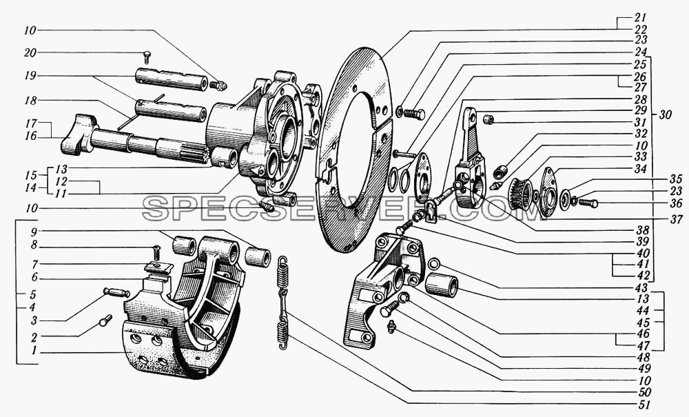 Тормозной механизм заднего колеса для КрАЗ-6510 (список запасных частей)