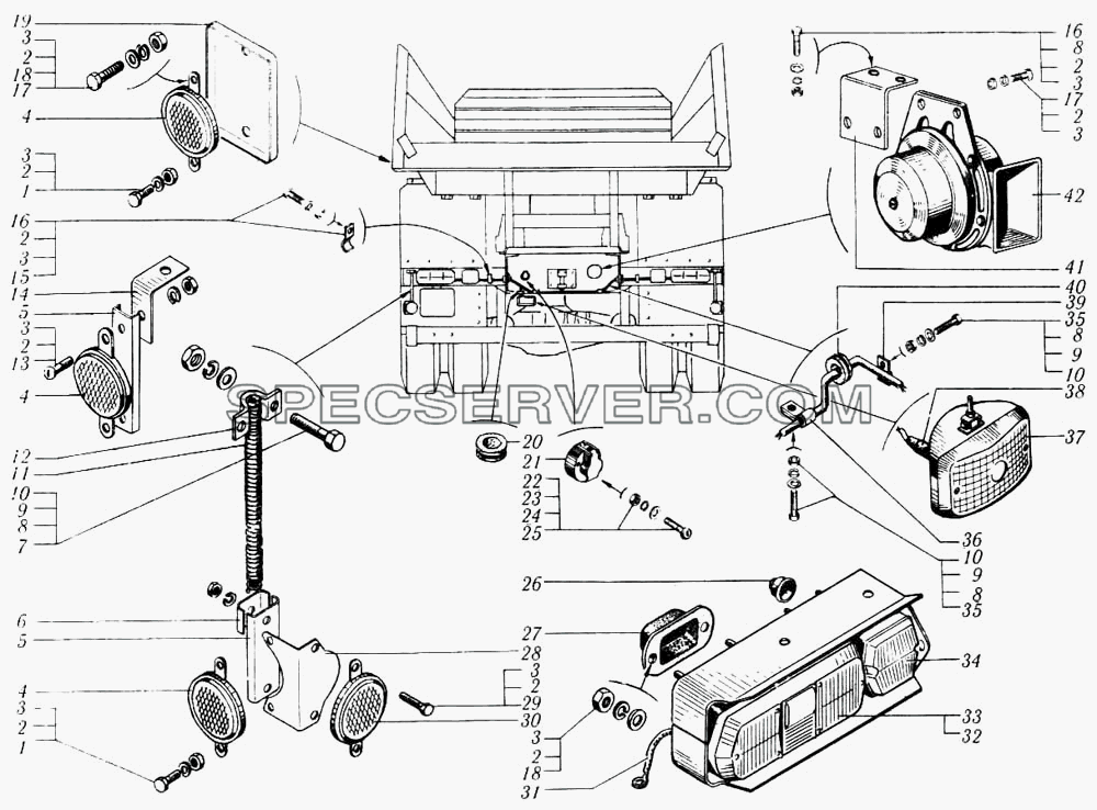 Установка задних световых приборов для КрАЗ-6510 (список запасных частей)