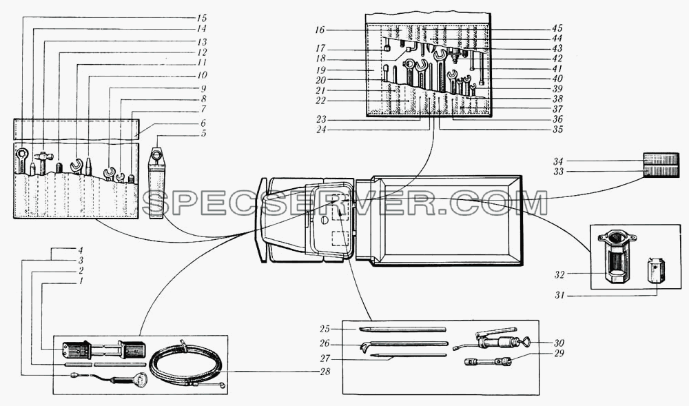 Раскладка инструмента под сиденьем пассажира для КрАЗ-6510 (список запасных частей)