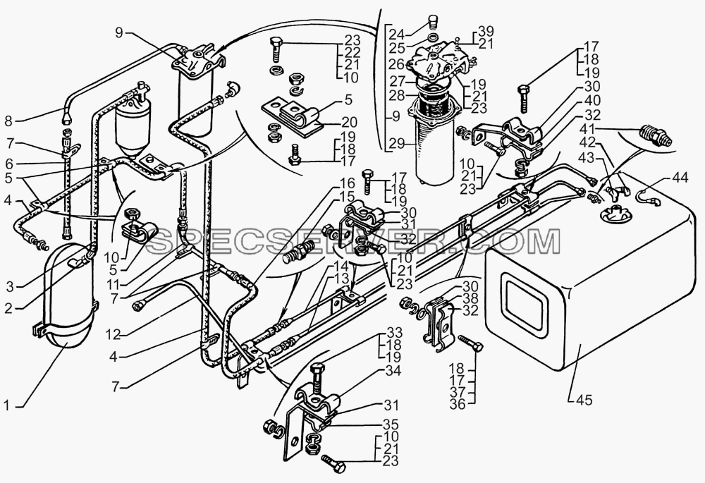 Установка топливного бака и монтаж топливопроводов для КрАЗ-7133С4 (список запасных частей)