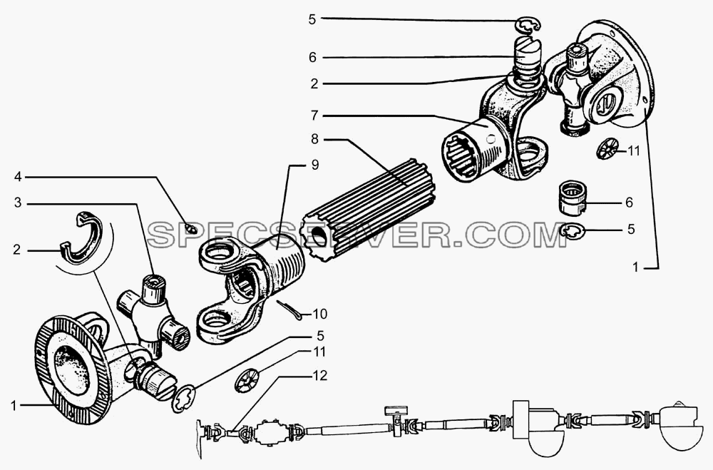 Вал карданный от коробки передач к промежуточной опоре для КрАЗ-7133С4 (список запасных частей)