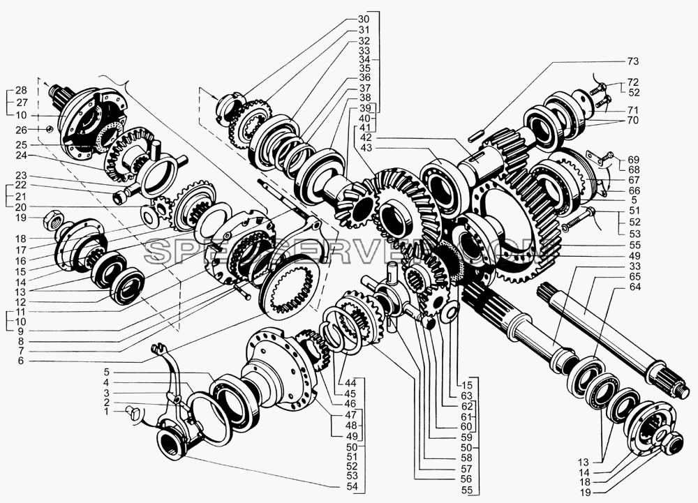 Редуктор главной передачи среднего моста (валы и шестерни) для КрАЗ-7133С4 (список запасных частей)