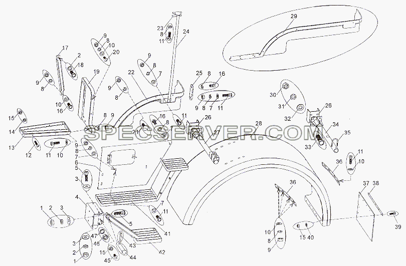 Установка подножек и крыльев для МЗКТ-7402 (список запасных частей)