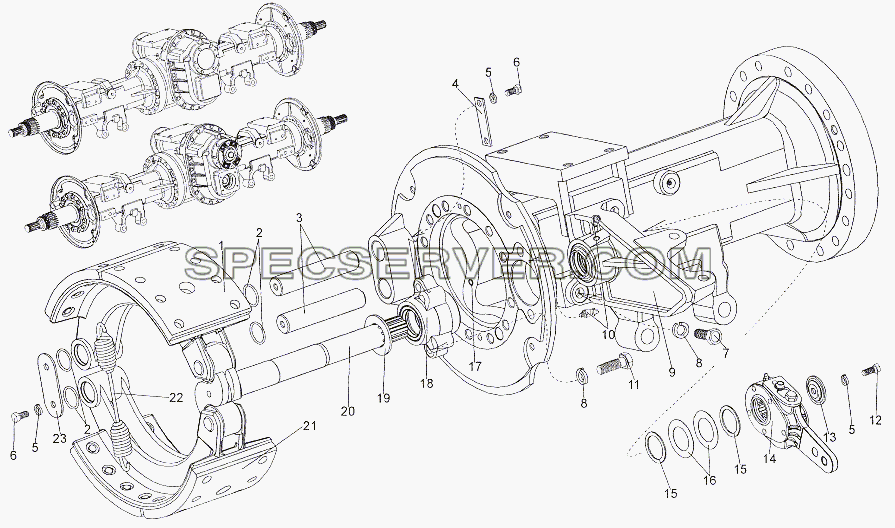 Привод тормозов задних мостов для МЗКТ-7402 (список запасных частей)