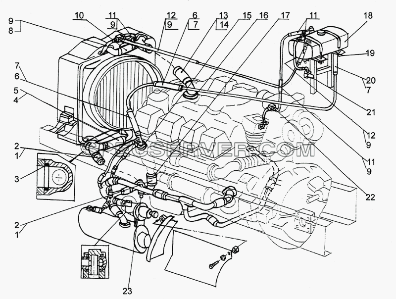 Пробка радиатора, трубопроводы и шланги системы охлаждения, кран сливной, бачок расширительный для МЗКТ-79092 (список запасных частей)
