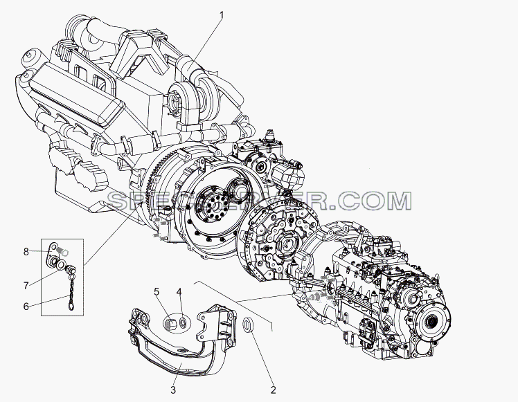 Двигатель в состоянии установки на шасси для МЗКТ-7930-200 (список запасных частей)