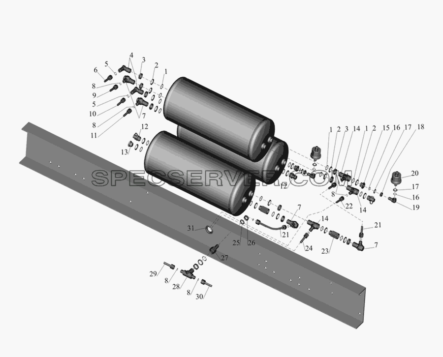 Присоединительная арматура к ресиверам для МАЗ-437030 (Зубрёнок) (список запасных частей)