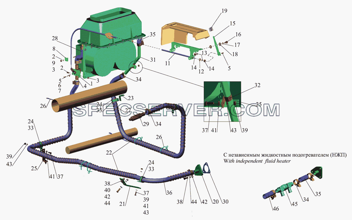 Установка шлангов и крана управления отопителем для МАЗ-437040 (Зубрёнок) (список запасных частей)