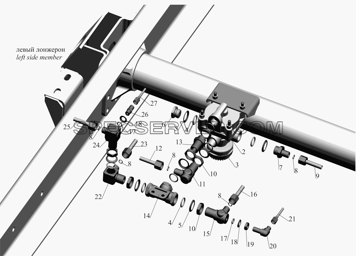 Установка ускорительного клапана стояночной системы для МАЗ-437130 (Зубрёнок) (список запасных частей)