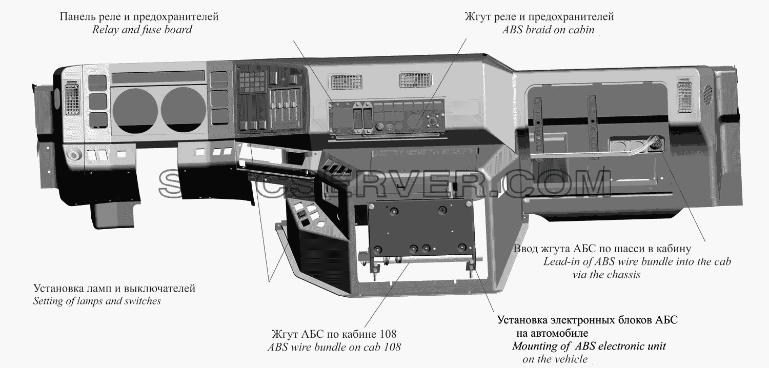 Расположение элементов систем АБС в кабине автомобиля 437137-3700120-010 для МАЗ-437130 (Зубрёнок) (список запасных частей)