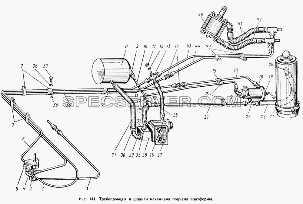 Трубопроводы и шланги механизма подъема платформы для МАЗ-500А (список запасных частей)