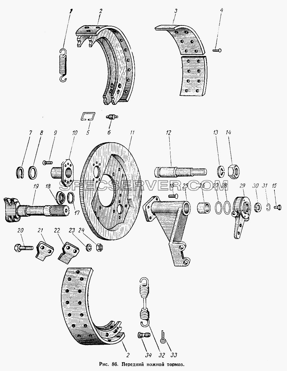 Передний ножной тормоз для МАЗ-500А (список запасных частей)