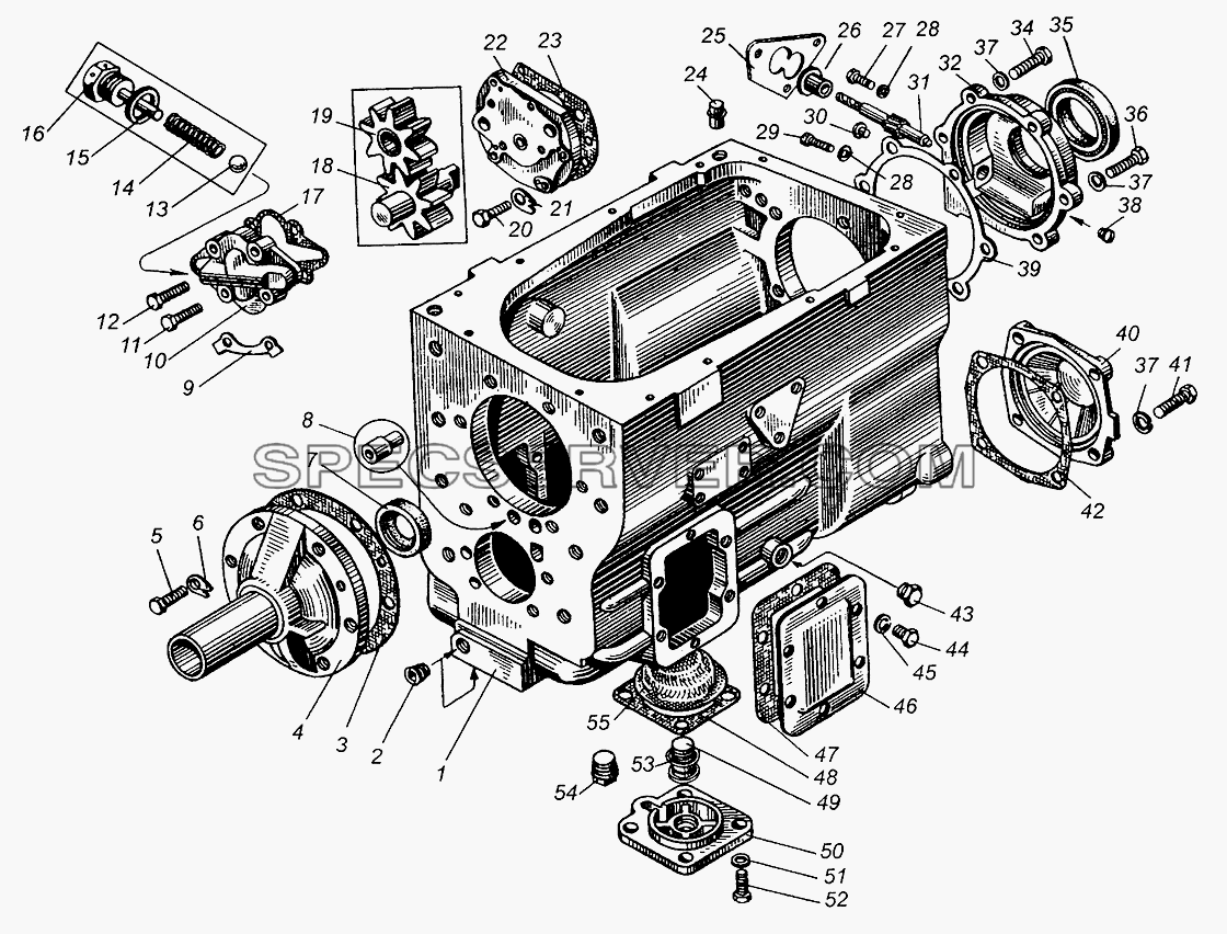 Картер и насос масляный коробки передач для МАЗ-504В (список запасных частей)