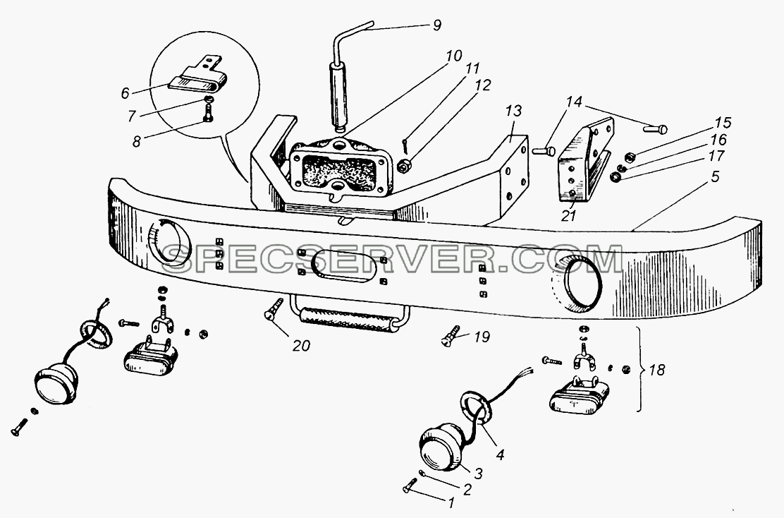 Бампер передний и крепление противотуманных фар для МАЗ-504В (список запасных частей)