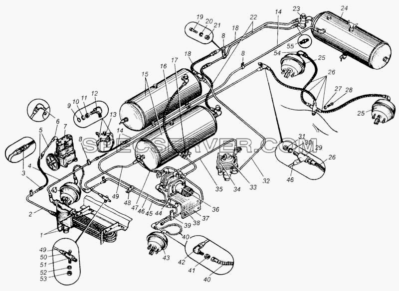 Привод пневматический тормозов автомобилей МАЗ-5429, МАЗ-504В для МАЗ-5335 (список запасных частей)