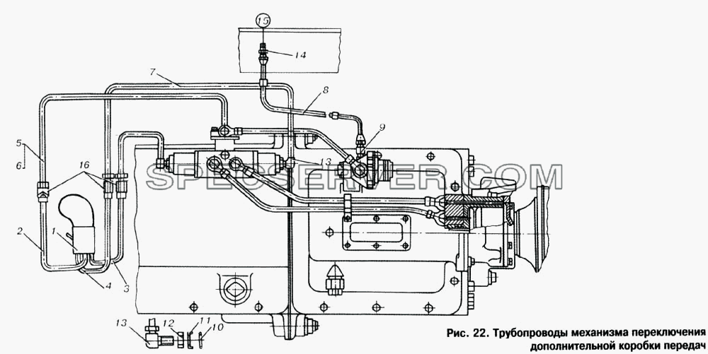 Трубопроводы механизма переключения дополнительной коробки передач для МАЗ-53363 (список запасных частей)