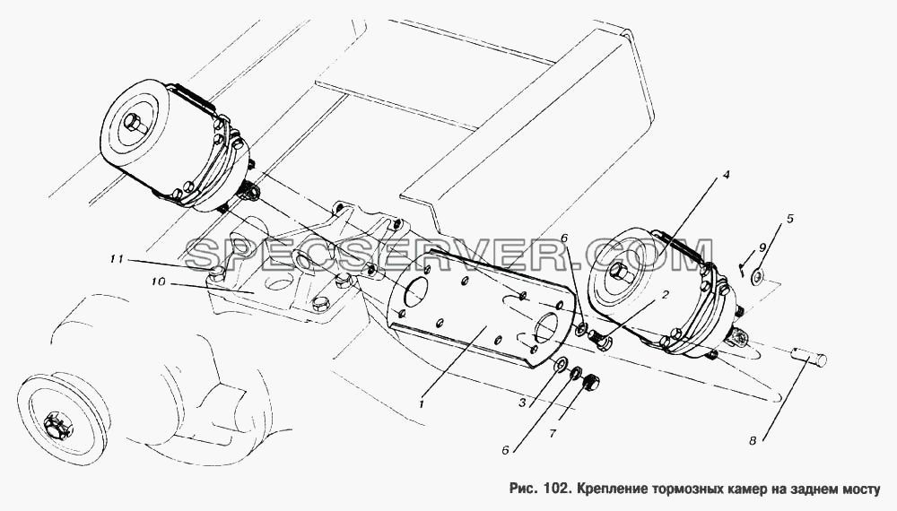 Крепление тормозных камер на заднем мосту для МАЗ-53363 (список запасных частей)