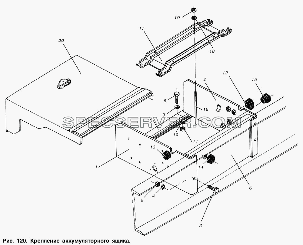 Крепление аккумуляторного ящика для МАЗ-53363 (список запасных частей)