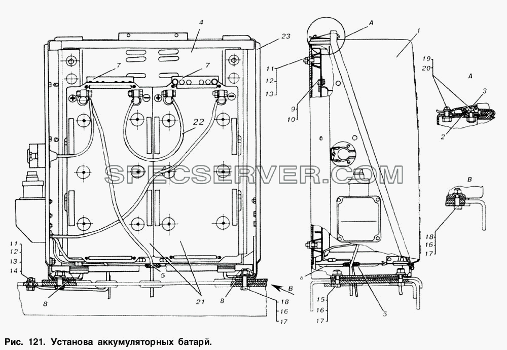 Установка аккумуляторных батарей для МАЗ-53363 (список запасных частей)