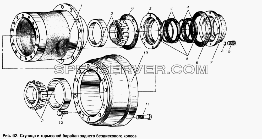 Ступица и тормозной барабан заднего бездискового колеса для МАЗ-53366 (список запасных частей)