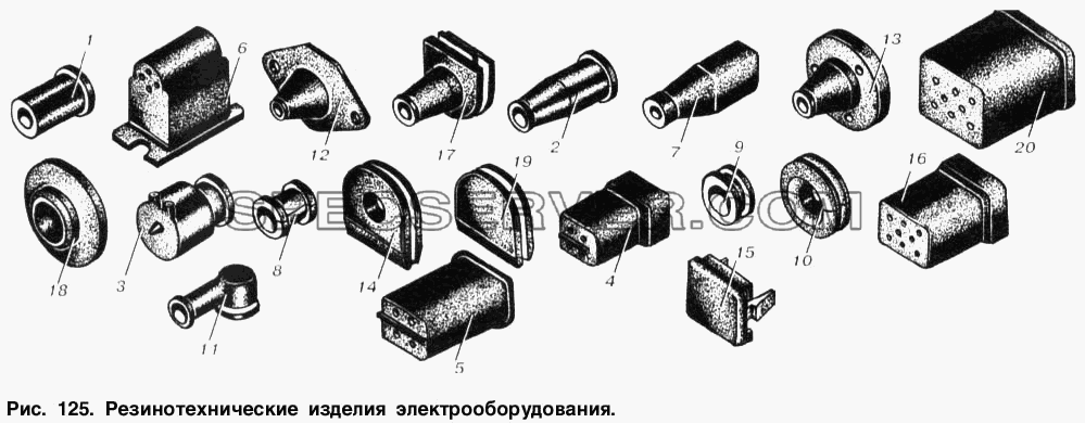 Резинотехнические изделия электрооборудования для МАЗ-53366 (список запасных частей)