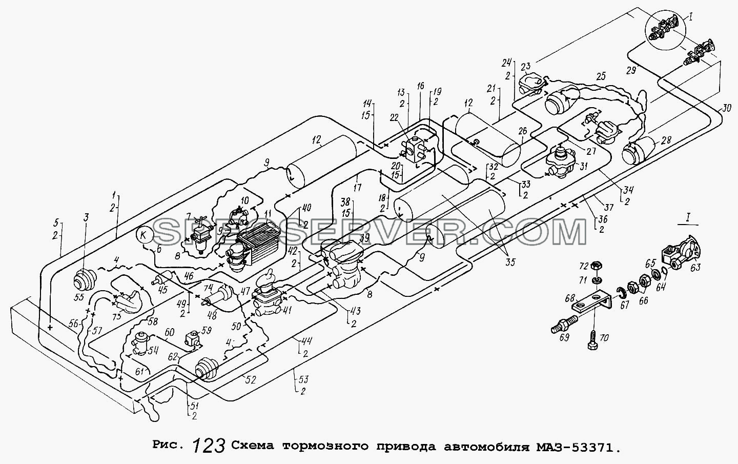 Схема тормозного привода автомобиля МАЗ-53371 для МАЗ-53371 (список запасных частей)