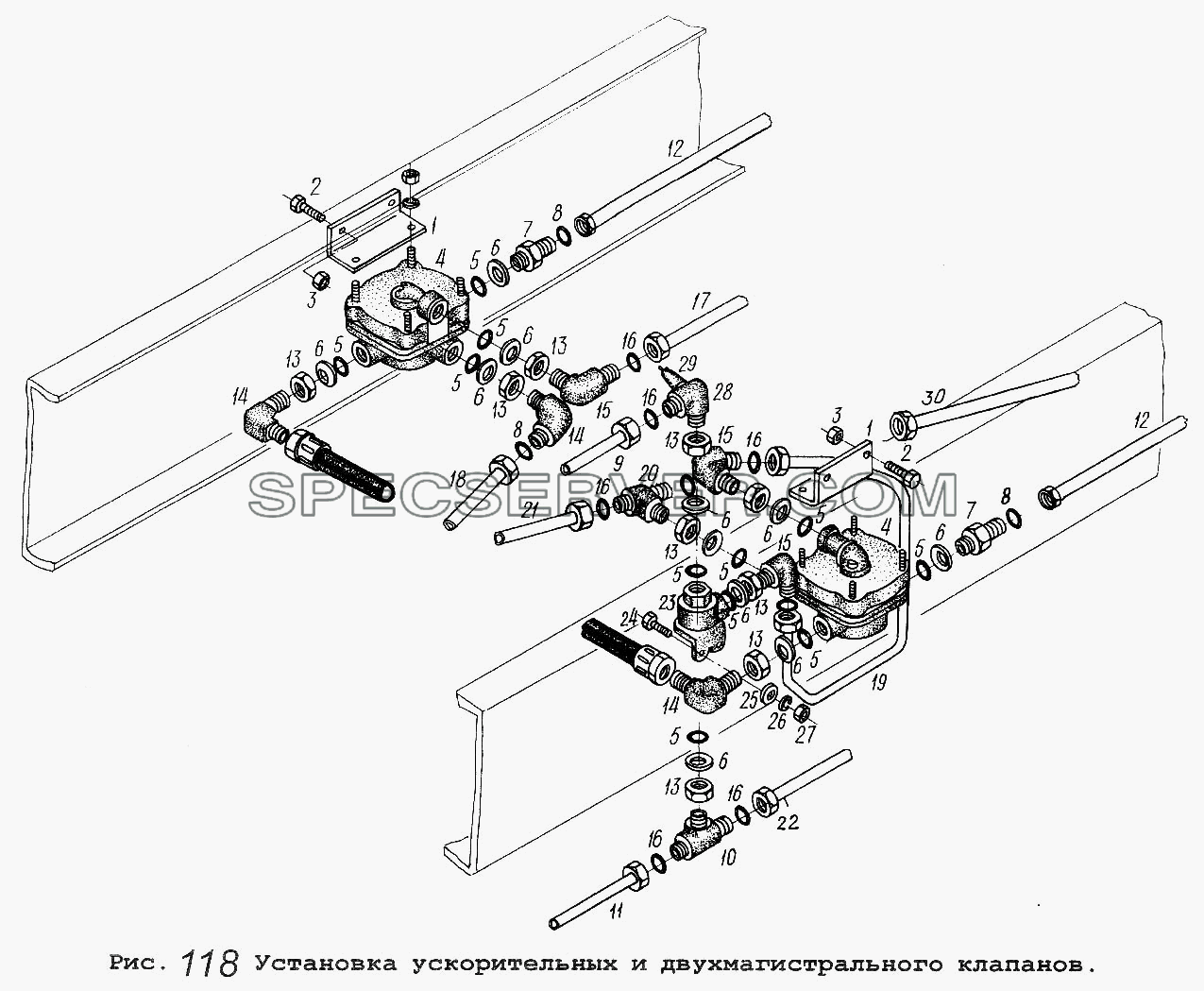Установка ускорительных и двухмагистрального клапанов для МАЗ-53371 (список запасных частей)