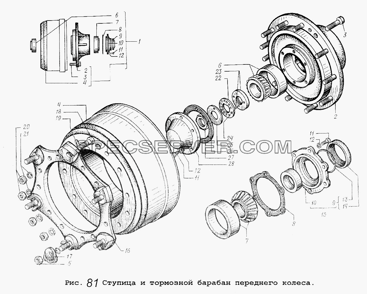 Ступица и тормозной барабан переднего колеса для МАЗ-5337 (список запасных частей)