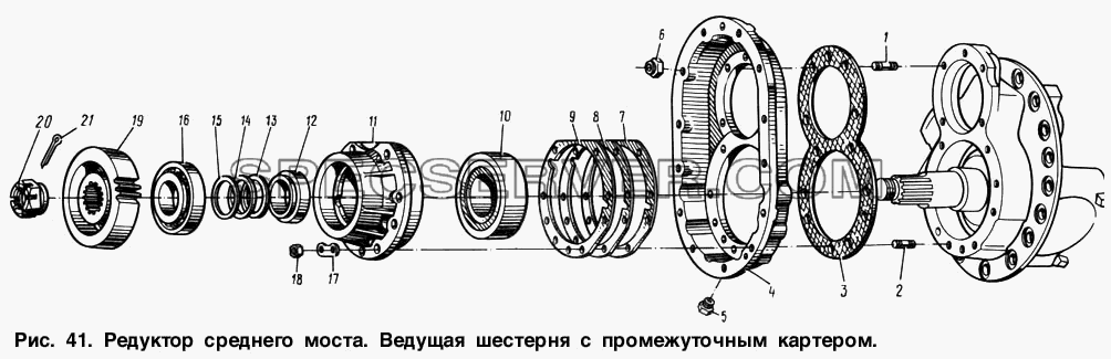 Редуктор среднего моста. Ведущая шестерня с промежуточным картером для МАЗ-54321 (список запасных частей)