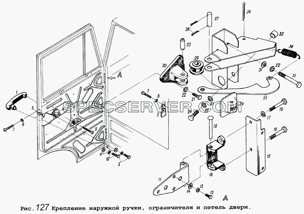 Крепление наружной ручки, ограничителя и петель двери для МАЗ-5434 (список запасных частей)