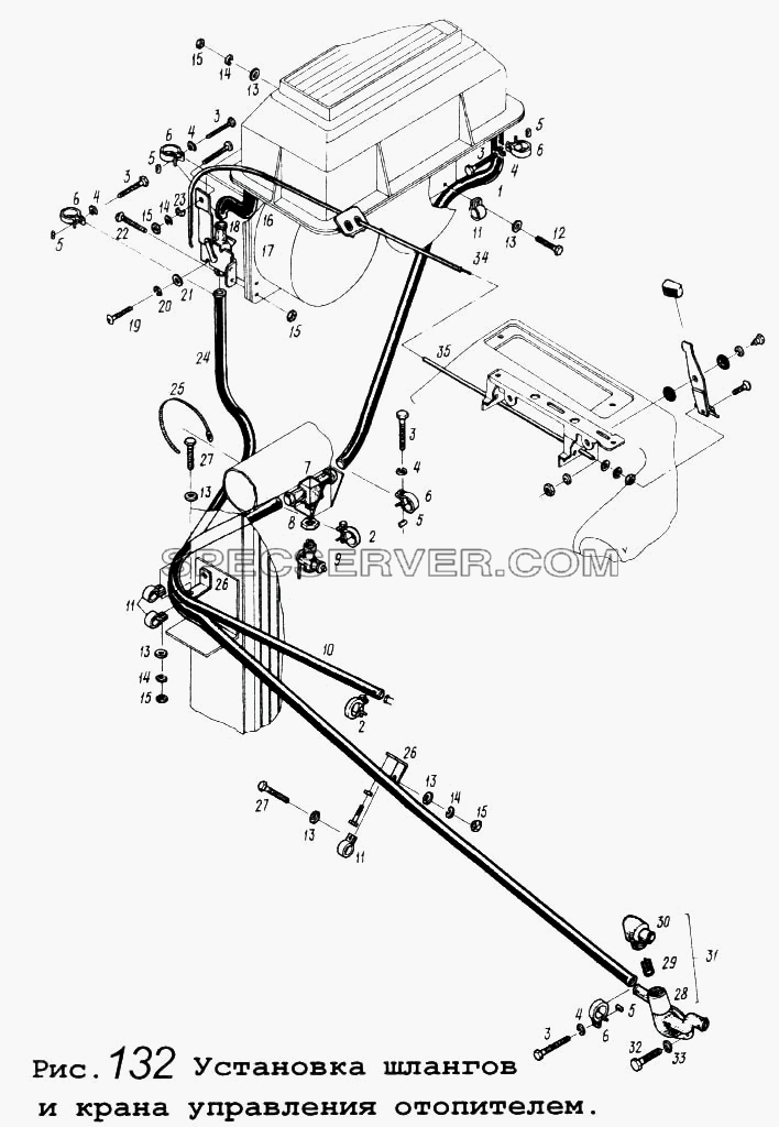 Установка шлангов и крана управления отопителем для МАЗ-5434 (список запасных частей)