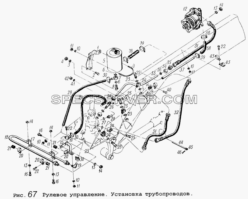 Рулевое управление. Установка трубопроводов для МАЗ-5434 (список запасных частей)