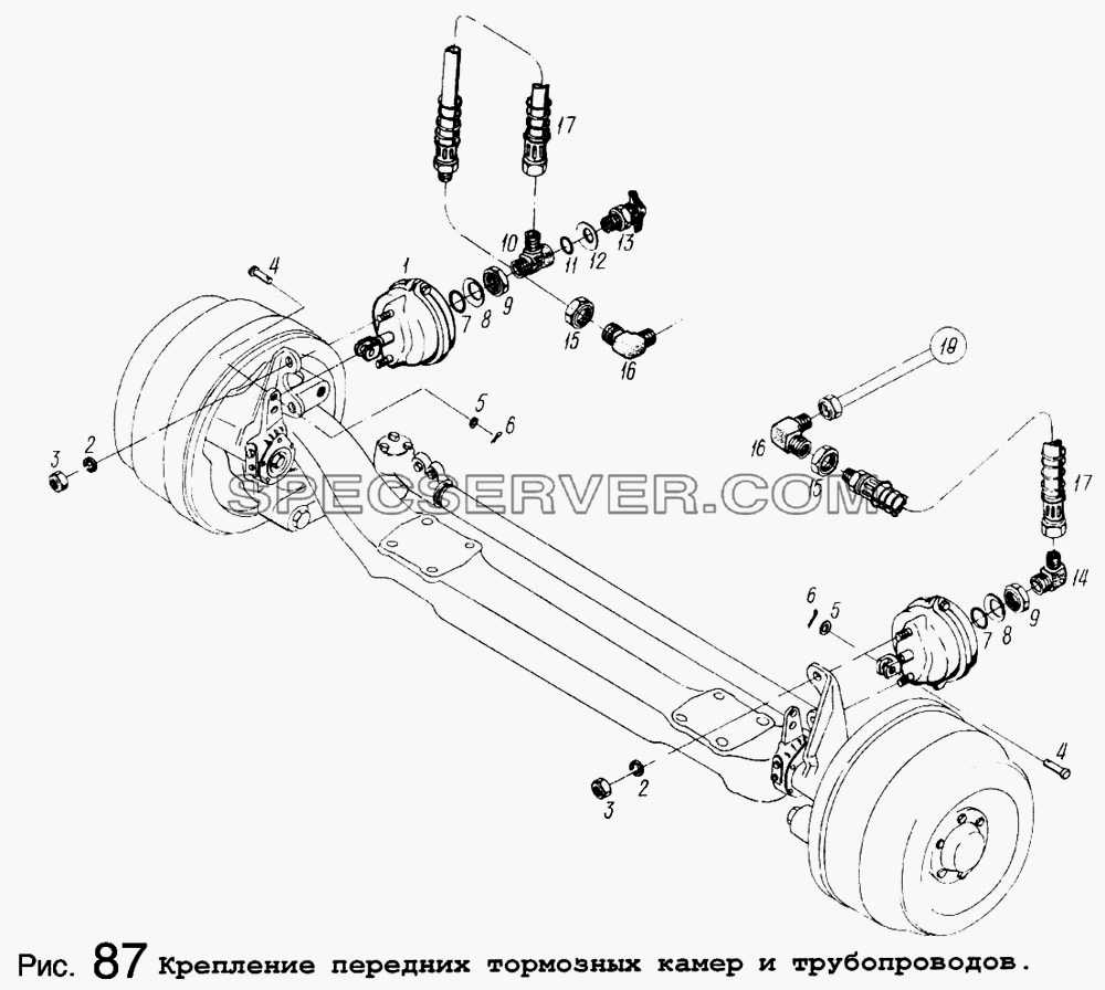 Крепление передних тормозных камер и трубопроводов для МАЗ-5434 (список запасных частей)