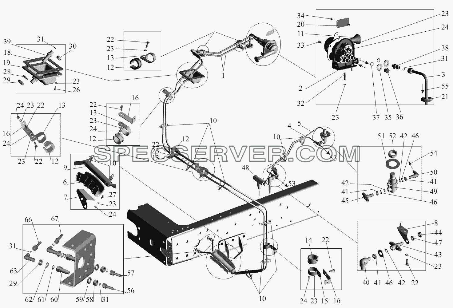 Привод стояночного и моторного тормозов 5516-3537004 для МАЗ-551605 (список запасных частей)